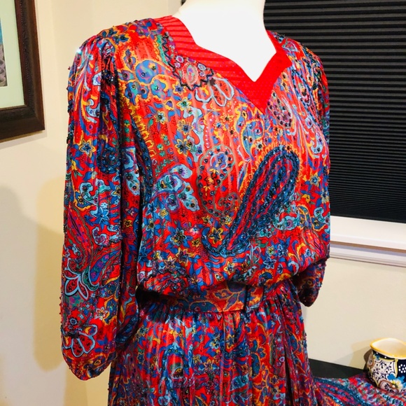 Diane Freis Red Holiday Dress Paisley Rich Gypsy Bohemian Style -Xmas OSFM - Picture 10 of 13